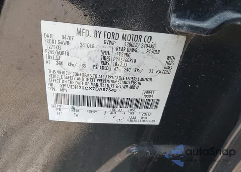 2007 Ford Edge Sel Plus из США, поврежденный, VIN 2FMDK39CX7BA97545